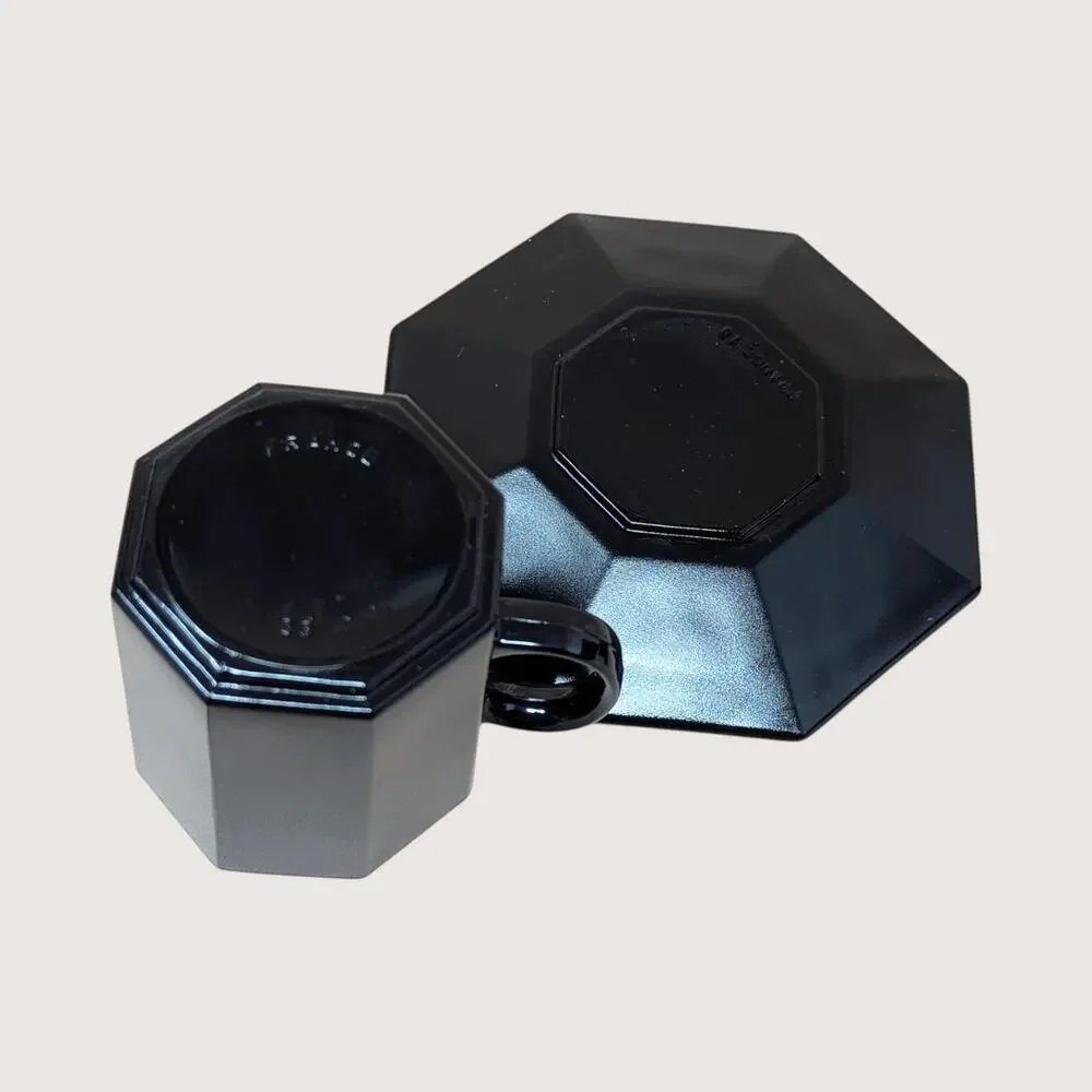 1980s Arcoroc Octime Black Glass Demitasse Cup Saucer Set